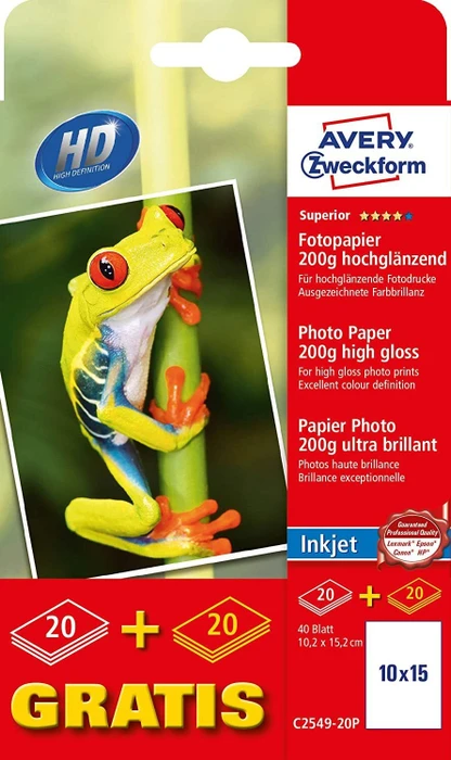 Avery-Zweckform Superior Inkjet Fotopapier hochglänzend weiß, 10x15cm, 200g/m², 40 Blatt