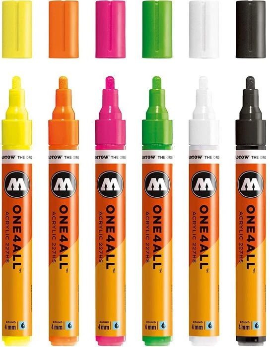 Molotow ONE4ALL 227HS 2mm Acrylmarker Neon-Set sortiert, 6er-Set, Etui