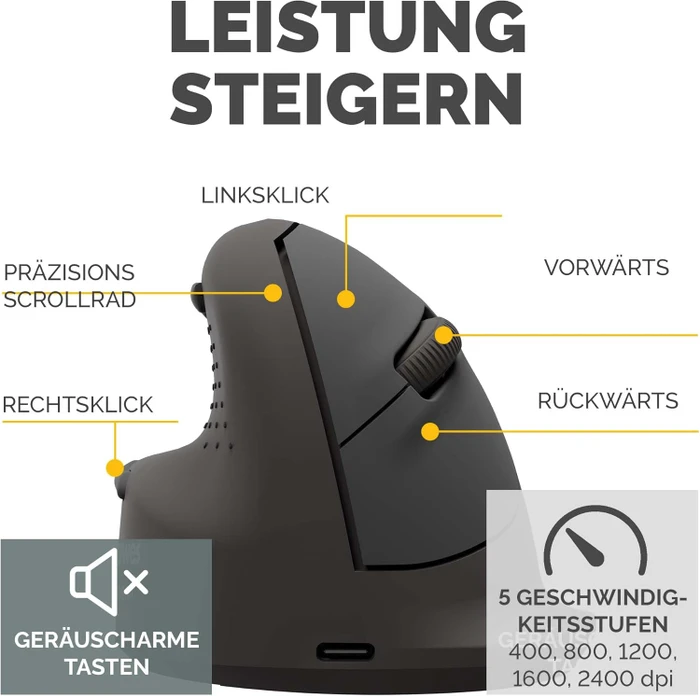Fellowes Breyta Plus Vertical Mouse, medium, Linkshänder, schwarz, USB/Bluetooth