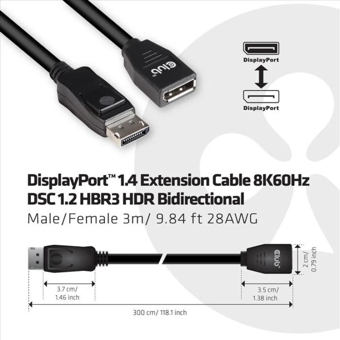 Club 3D DisplayPort 1.4 Verlängerungskabel 8K60Hz DSC1.2 HBR3 HDR schwarz, 3m