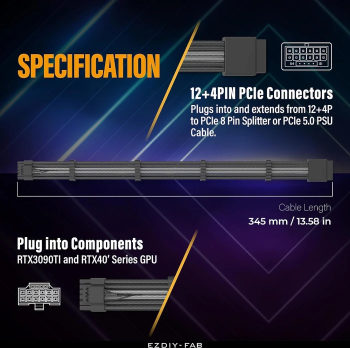 EZDIY-FAB 12VHPWR Kabel, 16-Pin PCIe Verlängerungskabel, 16-Pin PCIe 5.0 12VHPWR Buchse auf 16-Pin PCIe 5.0 12VHPWR Stecker, 16AWG, schwarz/grau, 30cm