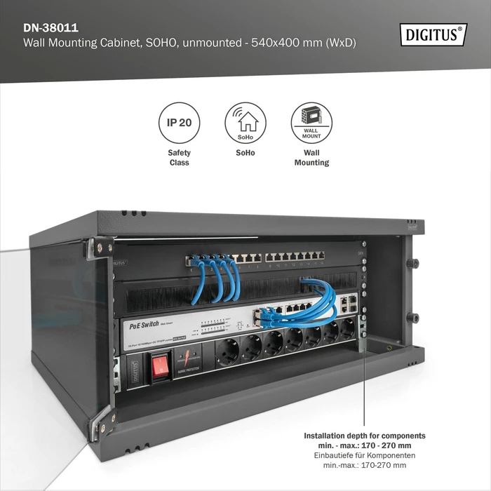 Digitus Professional SoHo Line 19" Wandgehäuse 4HE, unmontiert, Sicherheitsglastür, IP20, RAL 9005, 400mm tief