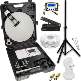 PremiumX Mobile Camping SAT Anlage Antenne TV Receiver Satelliten-Finder Single LNB 10m Kabel F-Stecker Koffer Stativ