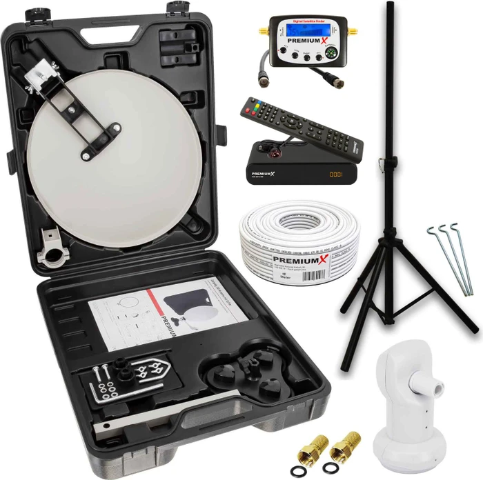 PremiumX Mobile Camping SAT Anlage Antenne TV Receiver Satelliten-Finder Single LNB 10m Kabel F-Stecker Koffer Stativ