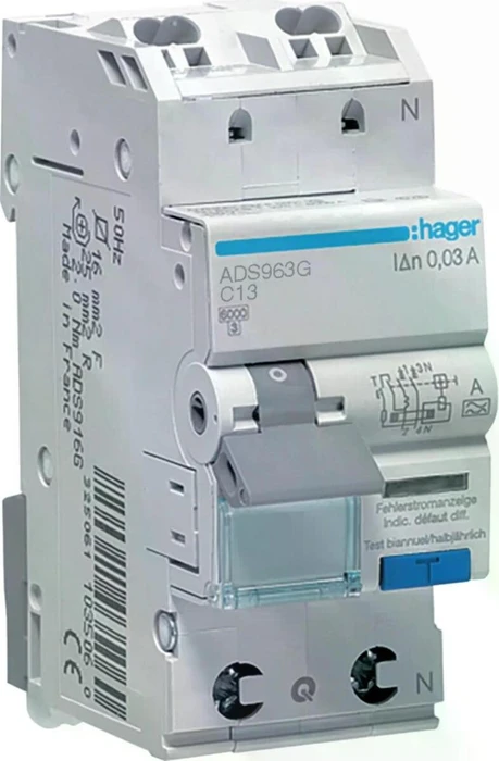 Hager Fehlerstrom-Leitungsschutzschalter 1P+N 6kA C 13A 30mA A-G Typ QC-QB