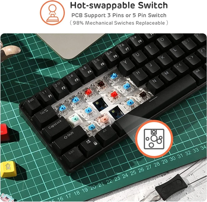 RK Royal Kludge RK61 60% Wireless, schwarz, LEDs gelb, hot-swap, RK RED, USB/Bluetooth, US