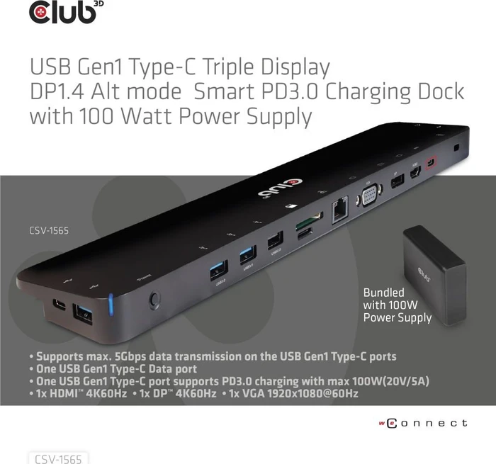 Club 3D Triple Display Smart PD Charging Dock 100W, USB-C 3.0 [Buchse]