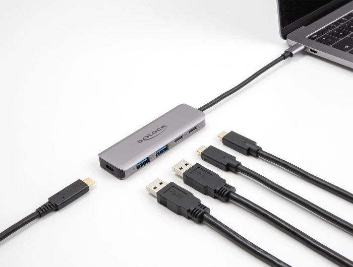DeLOCK 4-Port USB-C-Hub mit PD, 2x USB-C 3.0, 2x USB-A 3.0, USB-C 3.0 [Stecker]