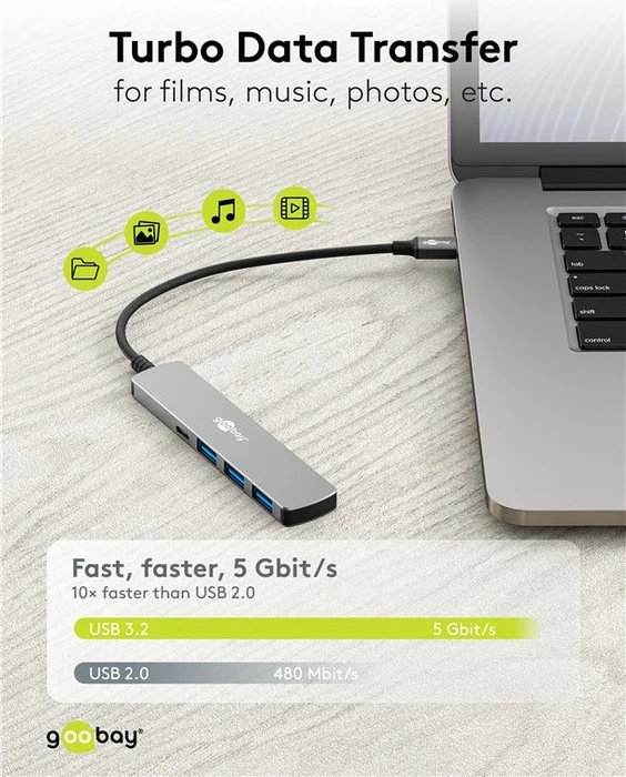 Wentronic goobay Slim 4-Port USB-Hub, 1x USB-C 3.0/3x USB-A 3.0, USB-C 3.0 [Stecker]