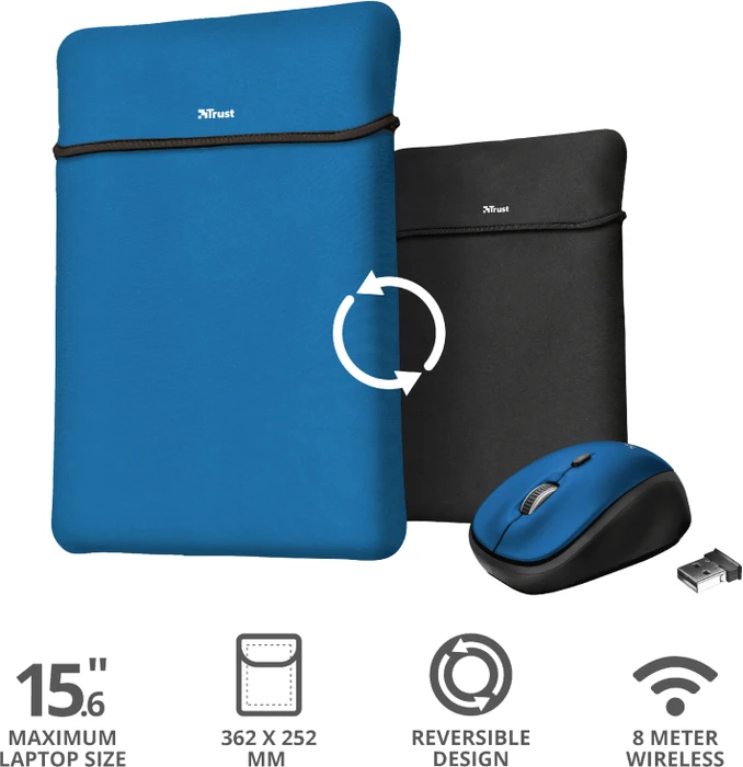 Trust Yvo Wireless Mouse Set mit Wendehülle für 15.6" Laptops, blau, USB