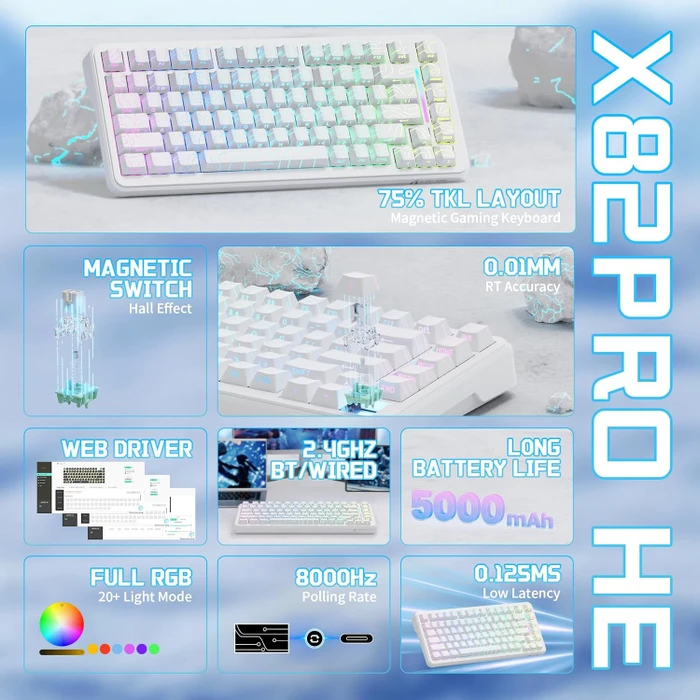 Attack Shark X82PRO HE Magnetic 75%, weiß mit Kontur, LEDs RGB, Outemu White Jade Magnetic, USB/Bluetooth, US