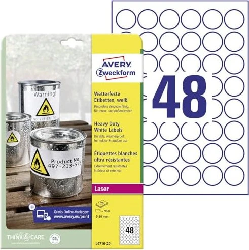 Avery-Zweckform Folienetiketten rund, 30mm, wetterfest, weiß, 20 Blatt (960 Etiketten)