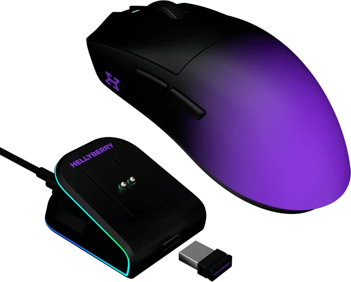 Hellyberry HM47 Pro Wireless Gaming Mouse mit Ladestation, schwarz/violett, USB/Bluetooth