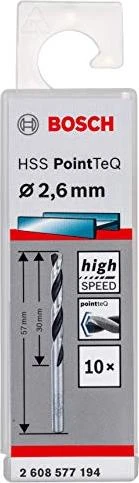 Bosch Professional HSS PointTeQ Spiralbohrer, 2.6x30x57mm, 10 Stück