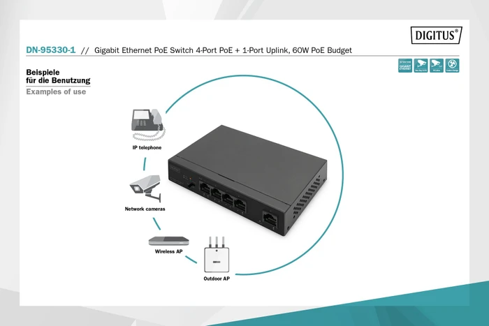 Digitus DN-953 Desktop Gigabit Switch, 5x RJ-45, 60W PoE+