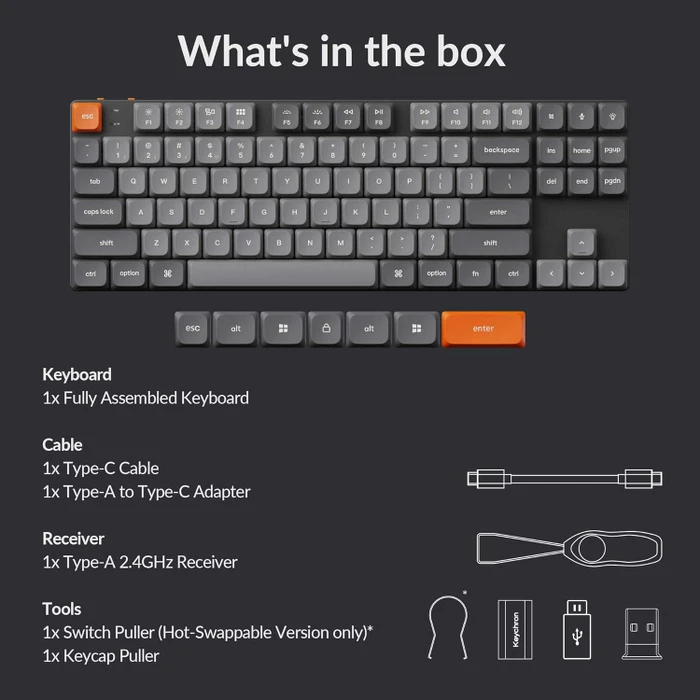 Keychron K1 Max, 80% TKL, grau/orange, LEDs weiß, Gateron LOW PROFILE 2.0 RED, USB/Bluetooth, US