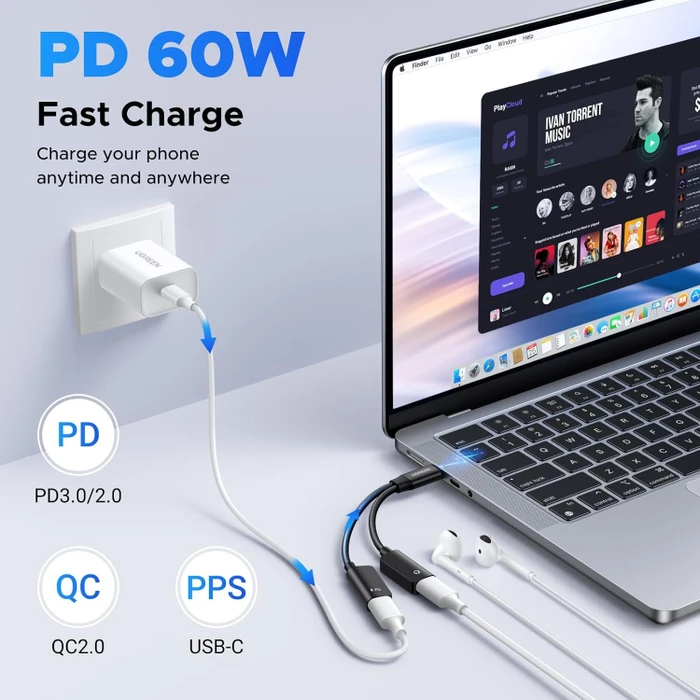 Ugreen USB-C Splitter/Audio-Adapter Y-Kabel, 60W, USB-C [Stecker] auf 2x USB-C [Buchse], 0.1m, schwarz
