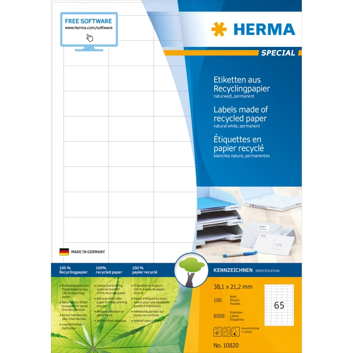 Herma Etiketten Recycling, 38.1x21.2mm, weiß, matt, 100 Blatt (6500 Etiketten)
