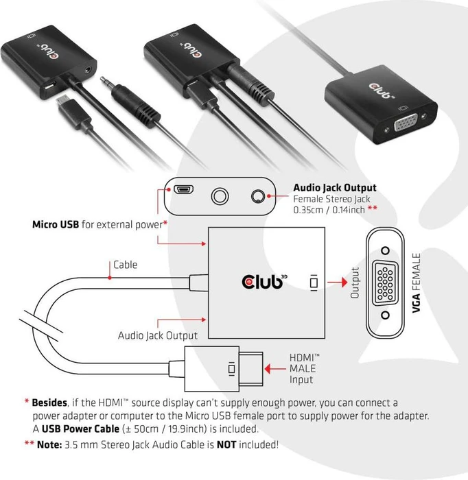 Club 3D aktiver Adapter HDMI 1.4 [Stecker] auf VGA [Buchse], 16cm