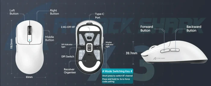 Attack Shark X3Pro Wireless Gaming Mouse weiß, inkl. Grip Tape, USB/Bluetooth