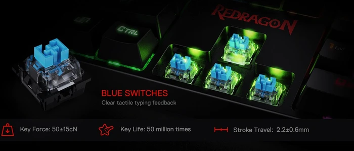 Redragon K582 Surara, LEDs RGB, hot-swap, Gaote Outemu BLUE, USB, US