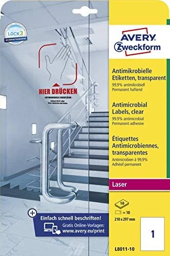 Avery-Zweckform Etiketten antimikrobiell, A4, wetterfest, transparent, 10 Blatt (10 Etiketten)