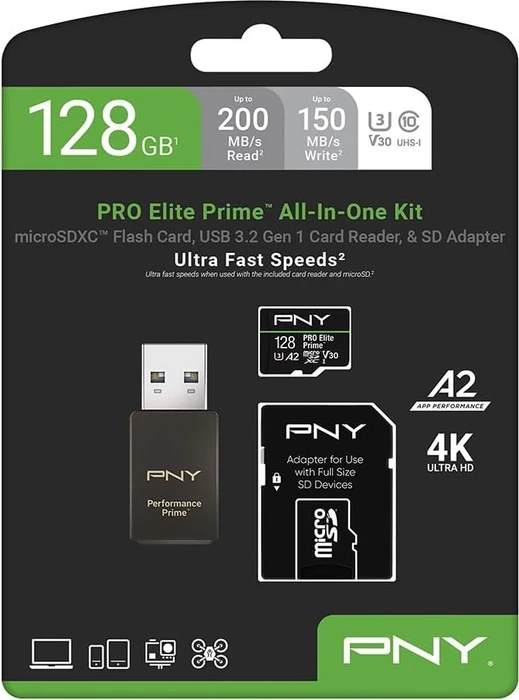 PNY Pro Elite Prime R200/W150 128GB USB-Kit, UHS-I U3, A2, Class 10