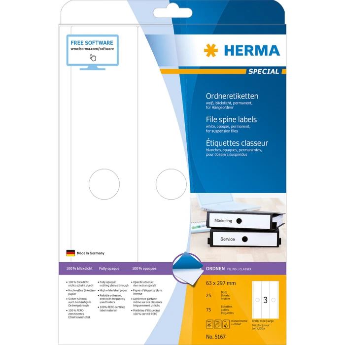 Herma Ordneretiketten, 63x297mm, weiß, 25 Blatt (75 Etiketten)