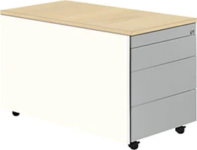 mauser Rollcontainer line, 1x Utensilienauszug, 3x Materialschublade, reinweiß/ahorn/weißaluminium