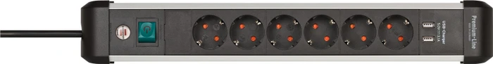 Brennenstuhl Premium-Alu-Line, 6-fach, 2x USB-A, 3m, silber/schwarz