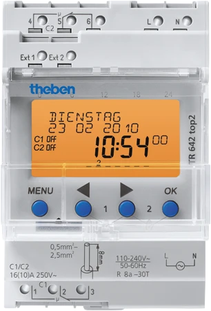 Theben TR 642 top2 RC Digitale Zeitschaltuhr mit Astro-/Jahresprogramm, 2-Kanal, Schaltaktor