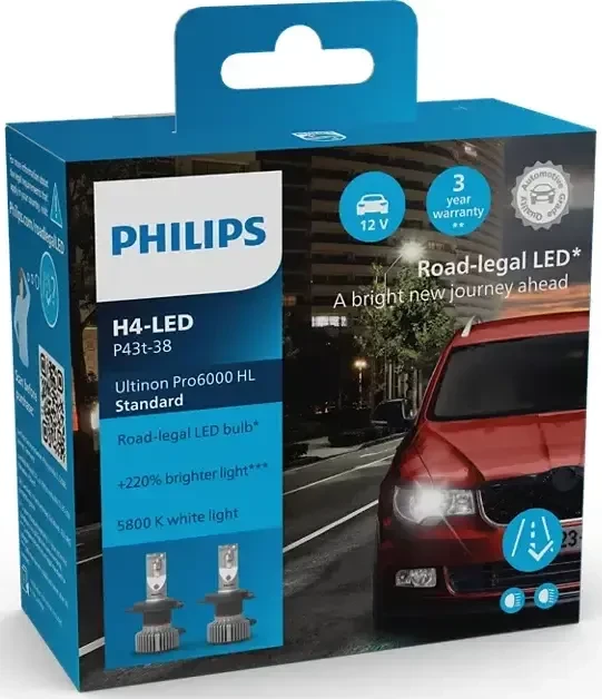 Philips Ultinon Pro6000 Standard HL H4-LED, 2er-Pack Box
