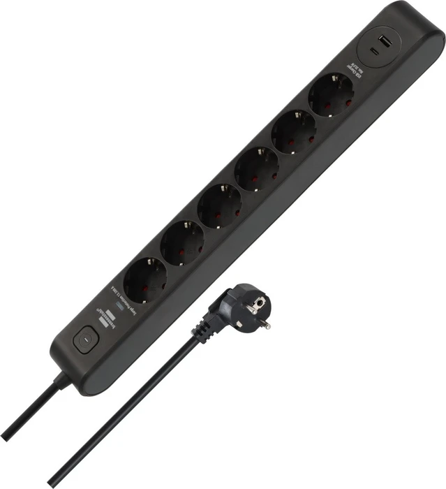 Brennenstuhl Überspannungsschutz-Steckdosenleiste, 6-fach, 1x USB-A/1x USB-C USB-PD, 2m, schwarz/anthrazit