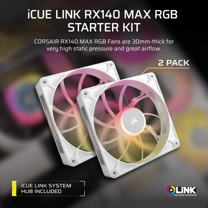 Corsair iCUE LINK RX140 Max RGB Starter Kit, weiß, LED-Steuerung, 140mm, 2er-Pack
