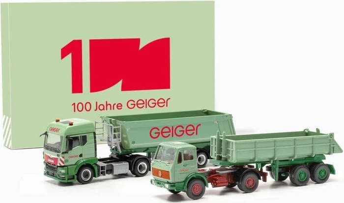 Herpa Set MAN TGS TM Schmitz Rundmulden-Sattelzug und Mercedes-Benz Baukipper-Sattelzug Wiking-Modell 100 Jahre Geiger Bayern/Oberstdorf