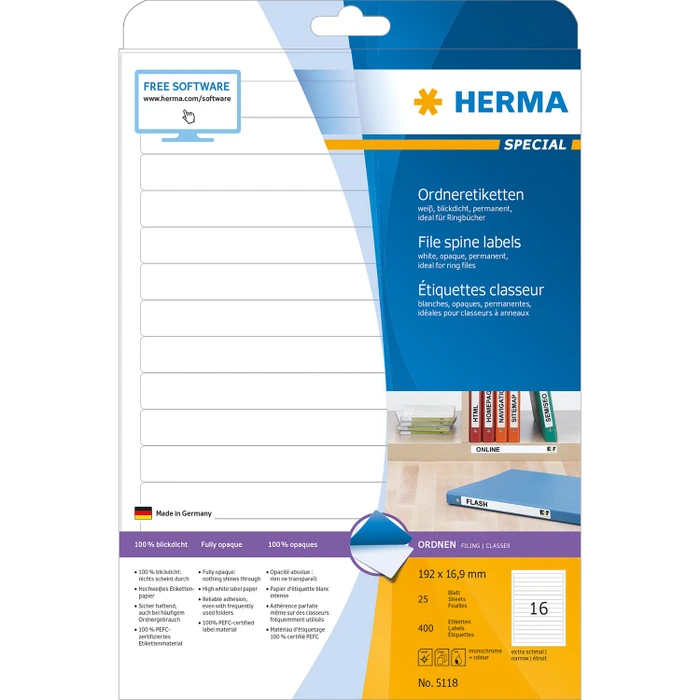Herma Ordneretiketten, 192x16.9mm, weiß, matt, 25 Blatt (400 Etiketten)