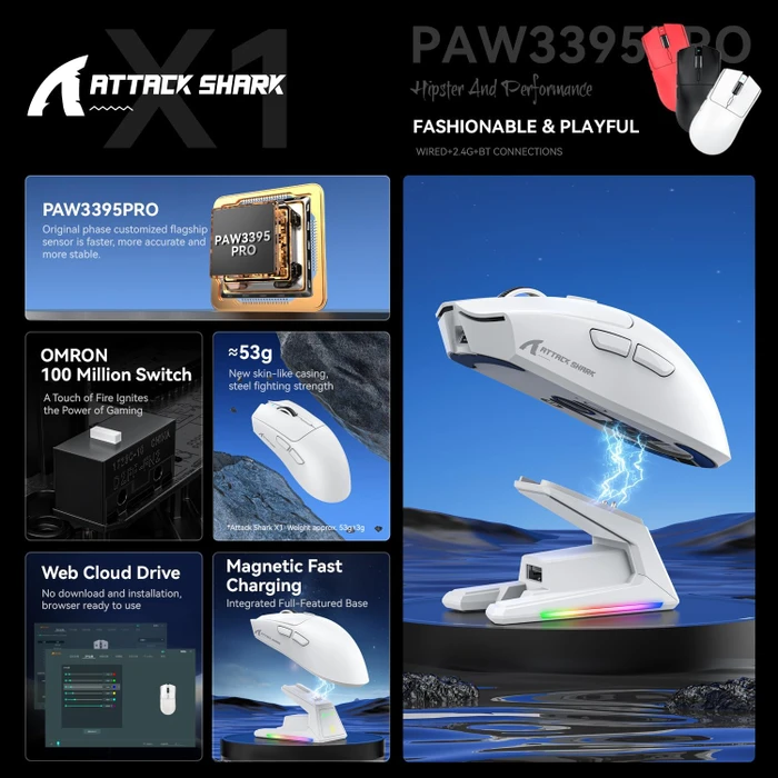 Attack Shark X1 Tri-mode Wireless Gaming Mouse mit Ladestation, rot, USB/Bluetooth
