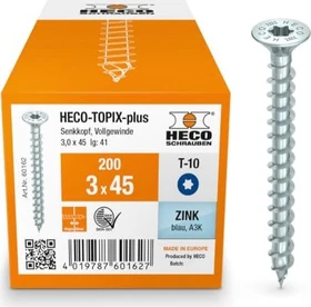 HECO TOPIX-plus verzinkt blau A3K Torx T10 Holzschraube, 3x45mm, 200 Stück