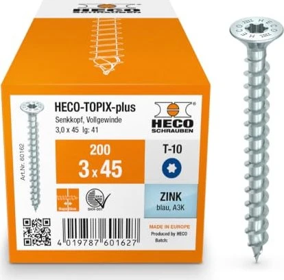 HECO TOPIX-plus verzinkt blau A3K Torx T10 Holzschraube, 3x45mm, 200 Stück