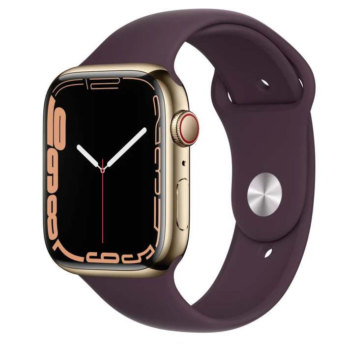 Apple Watch Series 7 (GPS + Cellular) 45mm Edelstahl gold mit Sportarmband Dunkelkirsch