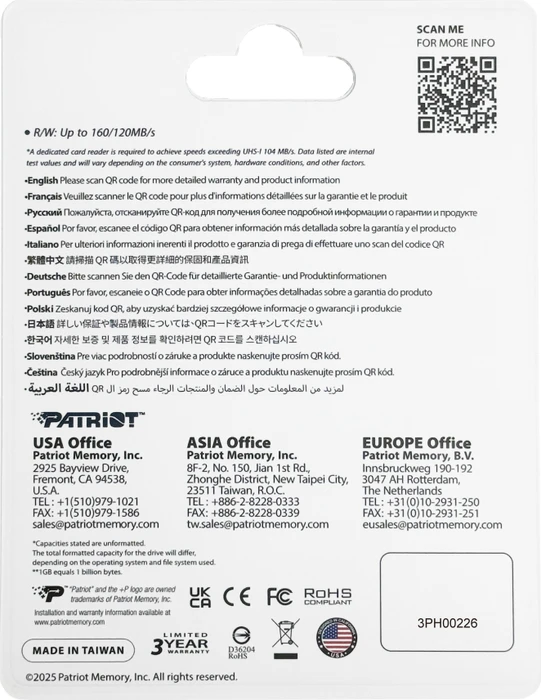 Patriot EP Series DDR200 R160/W120 256GB, UHS-I U3, A2, Class 10