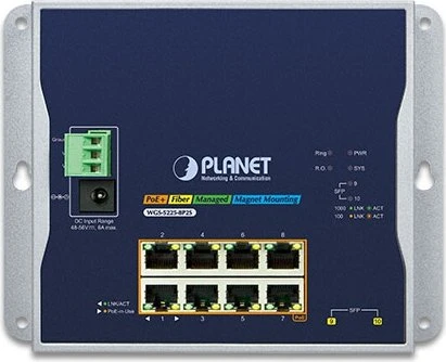 Planet WGS-5225-8P2S Industrial Wallmount Gigabit Managed Switch, 8x RJ-45, 2x SFP, 240W PoE+