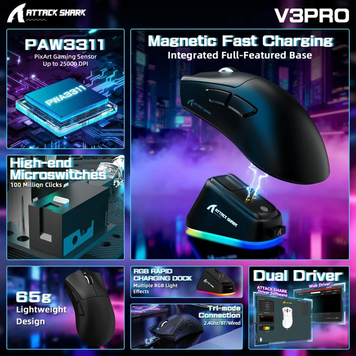 Attack Shark V3 PRO Tri-mode Wireless Gaming Mouse mit Ladestation, schwarz, USB/Bluetooth