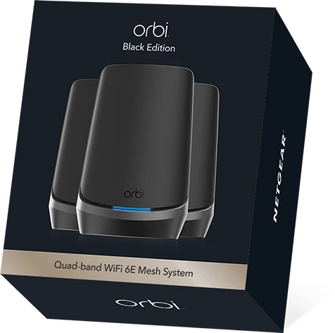 Netgear Orbi Wi-Fi 6E, 960 Serie RBKE963B, AXE11000, schwarz, Router und 2x Repeater Set, 3er-Bundle
