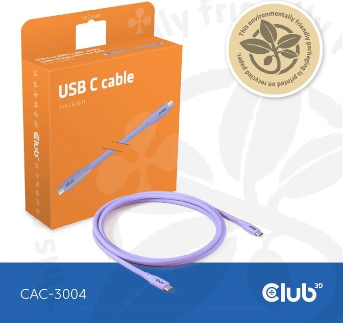 Club 3D USB4 Kabel, 20Gb/s, 240W PD EPR, USB-C Stecker auf USB-C Stecker, 2m, lila