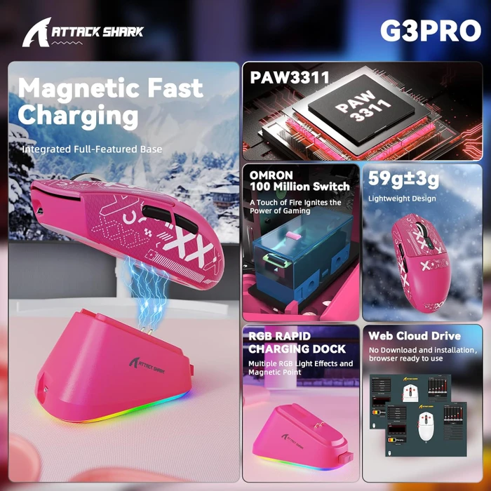Attack Shark G3Pro Tri-mode Wireless Gaming Mouse mit Ladestation, Berry Red, inkl. Grip Tape, USB/Bluetooth