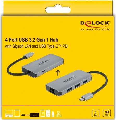 DeLOCK USB Hub mit PD, RJ-45, 4x USB-A 3.0, USB-C 3.0 [Stecker]