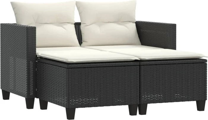 vidaXL Gartensofa mit Hockern 2-Sitzer schwarz/cremeweiß