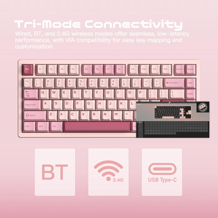 Wobkey Rainy 75 Pro, rosa, LEDs RGB, Kailh Cocoa, USB/Bluetooth, US
