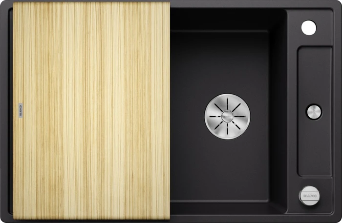 Blanco Axia III 45 S InFino Einbau Becken reversibel mit Ablauffernbedienung schwarz inkl. Holzschneidebrett